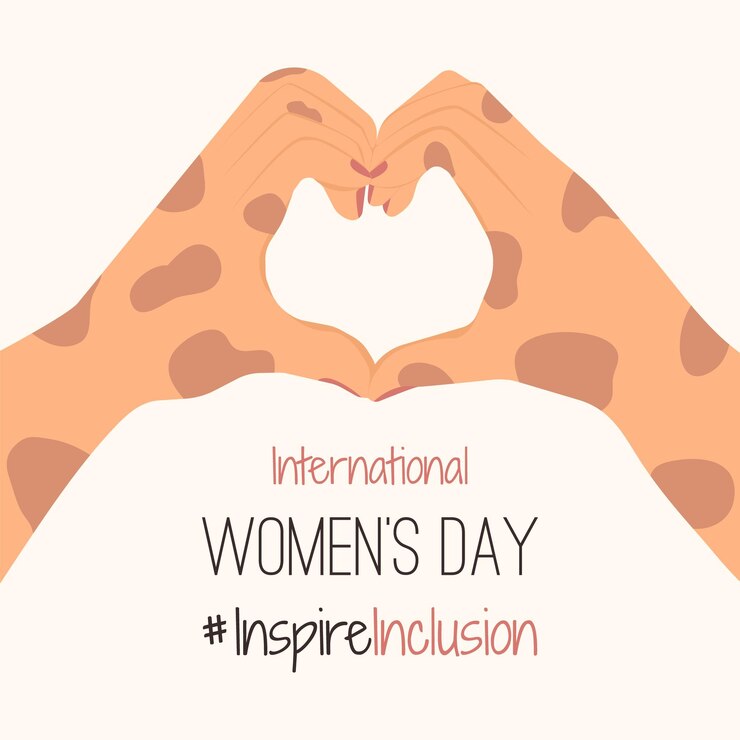 IWD diseño con despigmentación manos blancas muestran tarjeta de forma de corazón minimalista Día Internacional de la Mujer 2024 cartel InspireInclusion tarjeta de felicitación campaña social Inspire inclusión en 8 de marzo