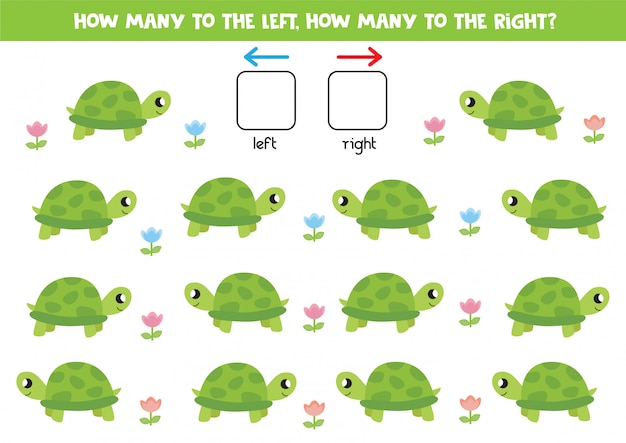 Izquierda y derecha con tortuga de dibujos animados. Juego educativo para niños en edad preescolar.