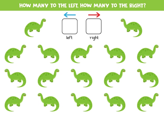 Izquierda o derecha con dinosaurio verde de dibujos animados. Juego educativo para aprender a diestra y siniestra.