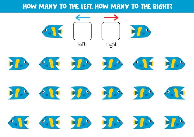 Izquierda o derecha con lindos peces marinos hoja de trabajo lógica para niños en edad preescolar