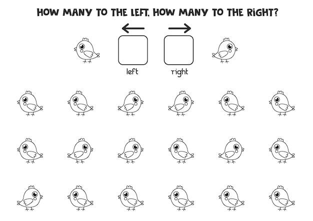 Izquierda o derecha con pollo blanco y negro. Hoja de trabajo lógica para niños en edad preescolar.