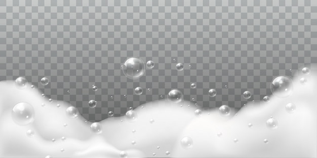 Jabón de espuma. Burbujas blancas de baño o lavandería. Champú jabón limpio burbujeante brillante. Ilustración aislada de detergente de higiene de lavado