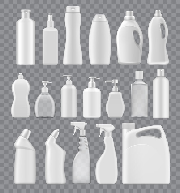 Vector jabón líquido limpiador y maqueta de contenedores de detergente botellas vectoriales tubos de plástico blanco con rociador de bomba de asa paquetes en blanco realistas 3d aislados de productos químicos quitamanchas blanqueador de ropa