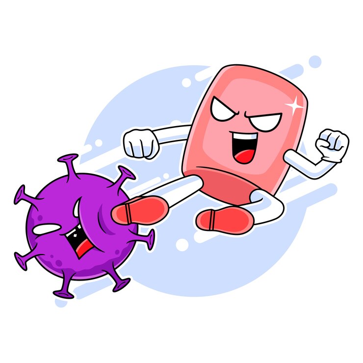Vector jabón mascota personaje pateando corona virus, lucha contra el concepto de virus