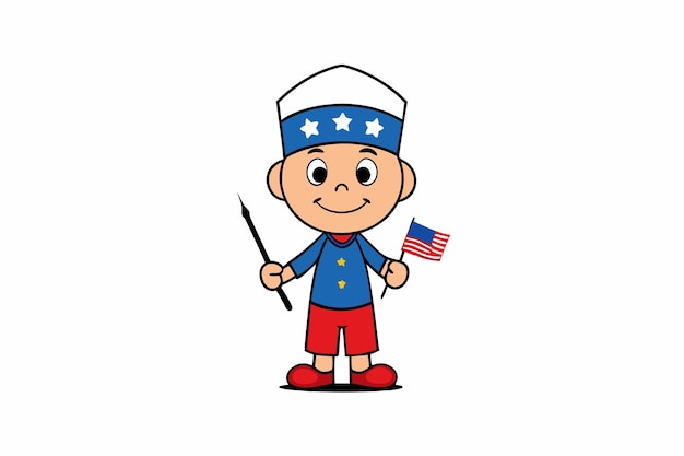 Jack Boy de julio con traje de desfile del 4 de julio y sosteniendo una pequeña ilustración vectorial de la bandera