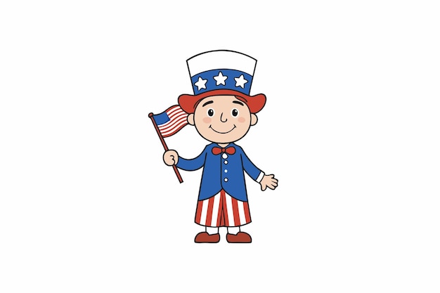 Jack Boy de julio con traje de desfile del 4 de julio y sosteniendo una pequeña ilustración vectorial de la bandera