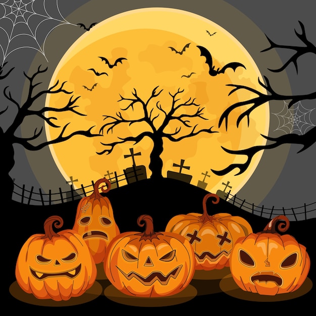 Jack O Lanterns o calabazas en Spooky Night - Ilustración de Feliz Halloween.