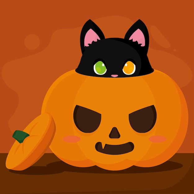 Jack o linterna aislado con un gato negro Feliz halloween Ilustración vectorial