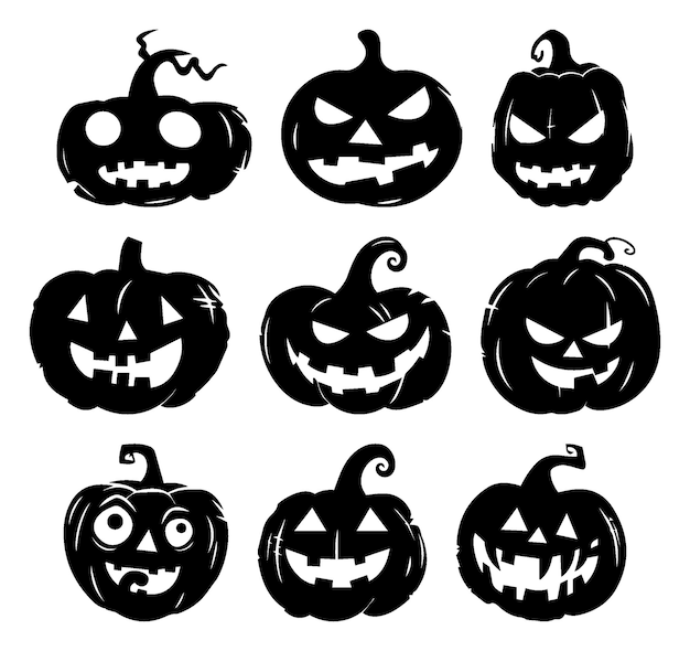 JackOLantern siluetas colección de espeluznantes caras de calabaza con varias emociones aisladas íconos vectoriales negros fondo transparente celebraciones de Halloween octubre ilustraciones de horror