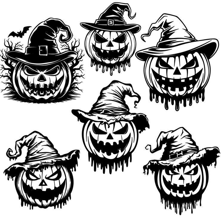 JackOLanterns malvados con sombreros de bruja juego vectorial de Halloween