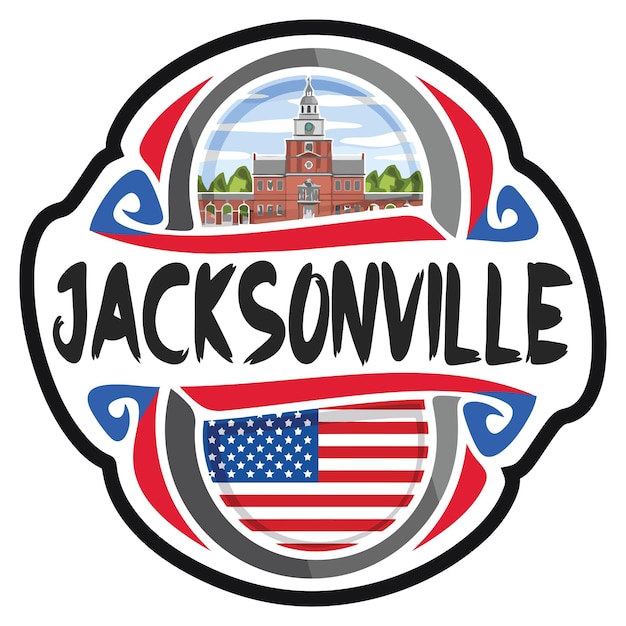 Jacksonville EE. UU. Bandera de los Estados Unidos Recuerdo de viaje Skyline Landmark Logo Badge Stamp Seal Emblem