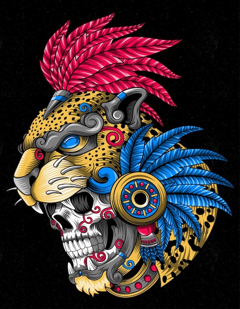 Vector jaguar azteca calavera guerrero