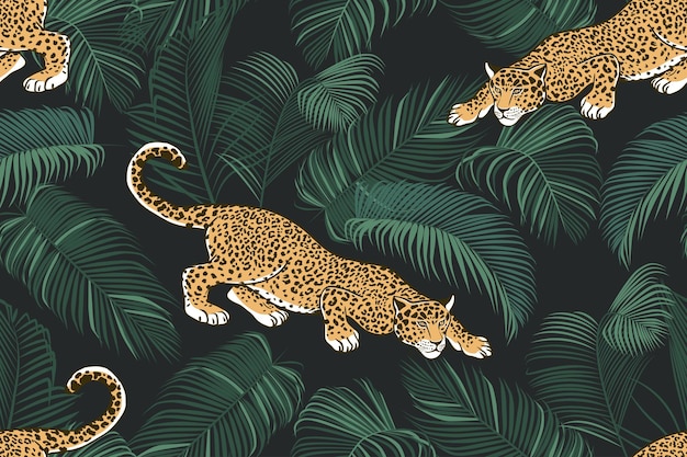 El jaguar salvaje al acecho y las hojas de palma xaexotic patrón sin fisuras sobre un fondo oscuro textura de la selva dibujada a mano ilustración vectorial