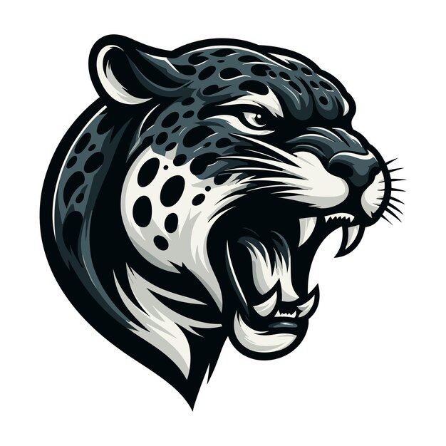 Vector el jaguar salvaje rugiente, el leopardo, la cabeza, el rostro, la ilustración vectorial, la zoología, la ilustración animal, el depredador.