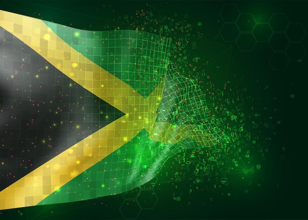 Jamaica, en vector bandera 3d sobre fondo verde con polígonos y números de datos