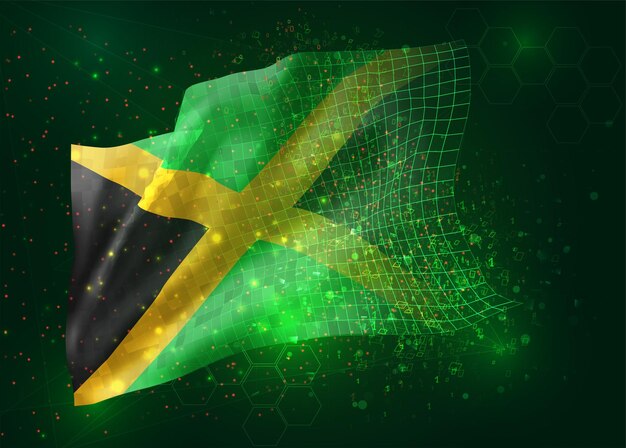 Jamaica, en vector bandera 3d sobre fondo verde con polígonos y números de datos