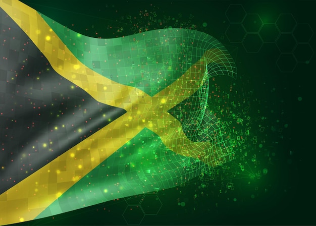 Jamaica, en vector bandera 3d sobre fondo verde con polígonos y números de datos
