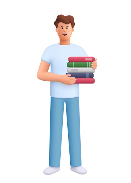 James hombre sosteniendo pila de libros maestro estudiante 3d vector personas personaje estilo minimalista de dibujos animados
