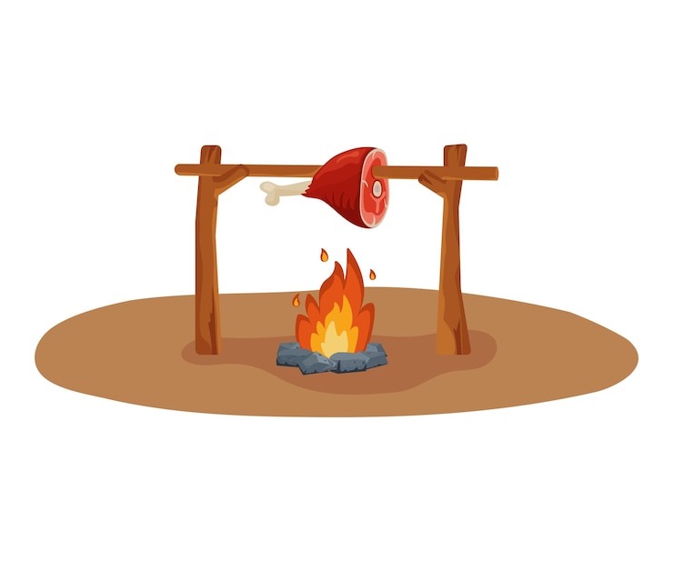 Vector jamón asado en una chimenea al aire libre ilustración de dibujos animados vectoriales edad de piedra