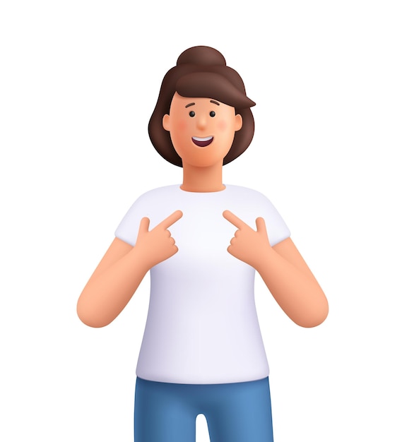Jane mujer señalándose a sí misma con ambas manos 3d personas vectoriales personaje estilo minimalista de dibujos animados