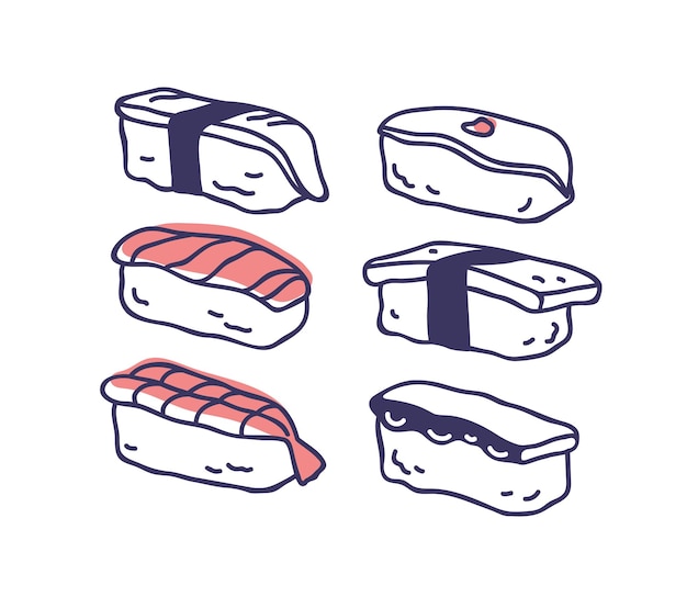 Japanese nigiri set Asian Japan food Sushi with rice nori and eel salmon fish shrimp squid octopus slices seafood Outlined contoured vector illustration isolated on white background