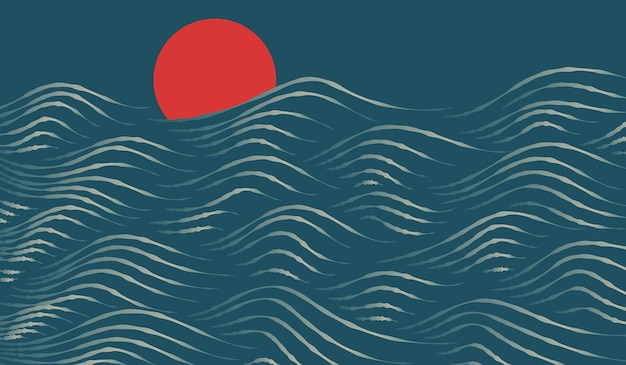 Japanese Style Ocean Wave Pattern with Red Sun Minimalist Sea Illustration
