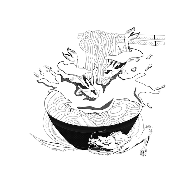 Japón fideos ilustración en blanco y negro para thsirt