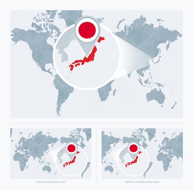 Japón magnificado sobre mapa del mundo 3 versiones del mapa mundial con bandera y mapa de japón