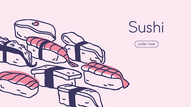 Japón nigiri sitio web de pedidos de sushi asiático cocina japonesa entrega en línea sitio web diseño de página página web página web de fondo plantilla de interfaz para restaurante café ilustración vectorial plana