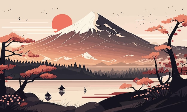 Japón paisaje plano ilustración montaña paisaje minimalista fondo asiático casa vector