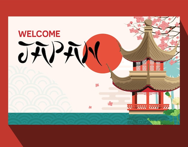 Japón plantilla de cartel de bienvenida castillo sol flor de cerezo decoración diseño elegante