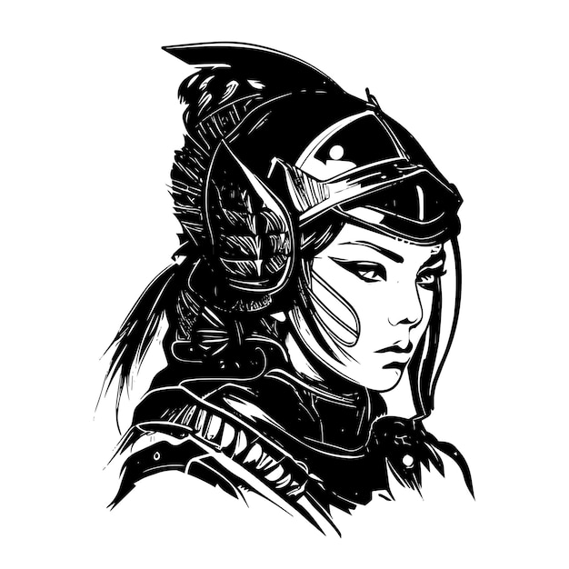 Japón samurai girl logo blanco y negro dibujado a mano ilustración