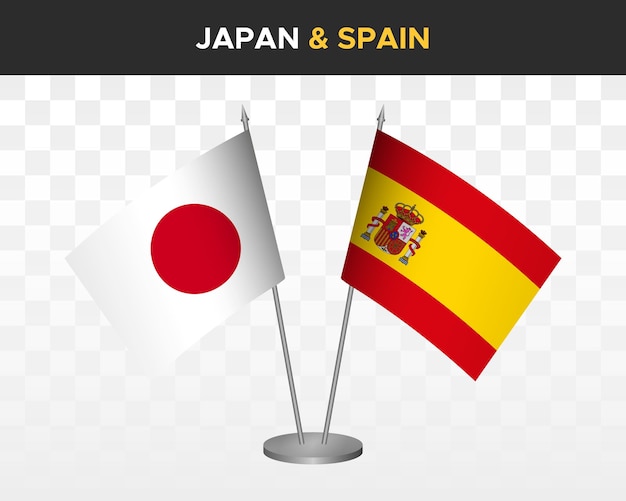 Japón vs españa maqueta de banderas de escritorio ilustración vectorial 3d aislada banderas de mesa japonesas