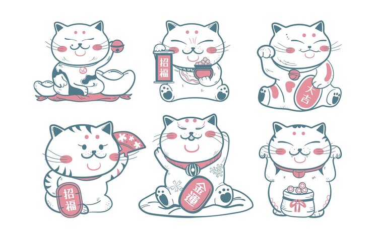 Vector japonés asiático gato de la suerte maneki neko lindo ilustraciones imágenes prediseñadas pegatinas