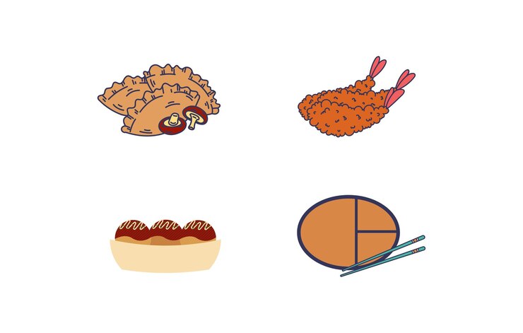 Vector japonés chino tailandés comida malaya plato asiático cocina alimentos bebidas iconos vector