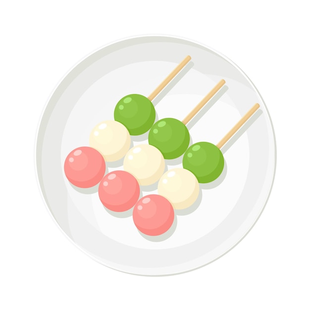 Japonés hanami dango bolas de arroz dulce en placa Ilustración de postre de comida asiática de vector aislado