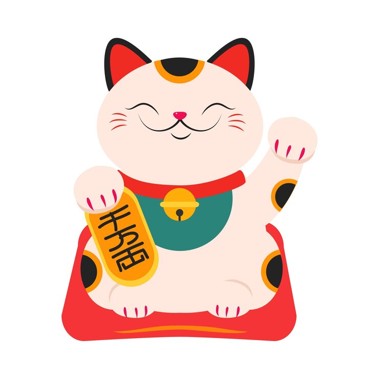 Vector japonés maneki neko símbolo japonés de buena suerte y riqueza tradicional blanco muñeco gato afortunado ilustración vectorial de estilo de dibujos animados
