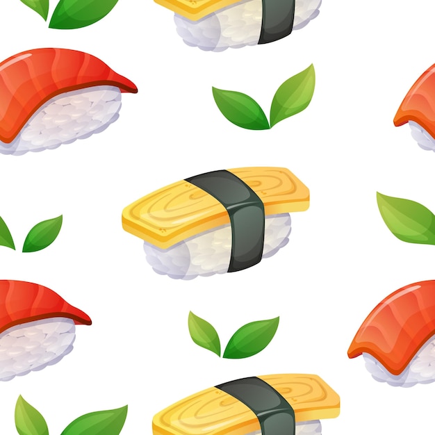 Japonés nigiri sushi de patrones sin fisuras comida asiática ilustración vectorial sobre fondo blanco.