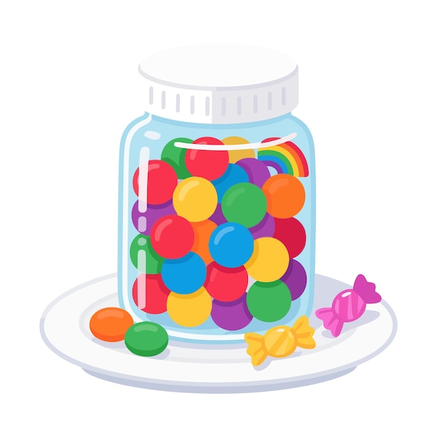 Jar of colorful gumballs rainbow and candies on a plate