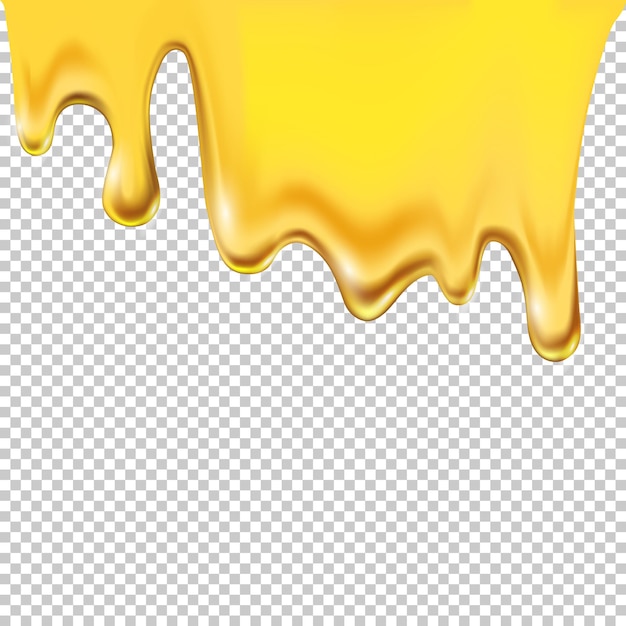 Vector jarabe de miel líquido que gotea salsa derretida amarilla que fluye y deja caer gotitas de caramelo dorado sobre fondo transparente