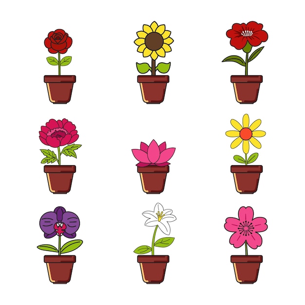 Jardín y 9 tipos diferentes de flores Conjunto de dibujos animados para elemento de diseño o pegatina