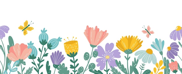 Jardín floral de flores de primavera, flores de verano, plantas de dibujos animados, rosas planas y pétalos de manzanilla, mariposas voladoras, decoración horizontal al estilo Doodle, fondo de estandarte vectorial.
