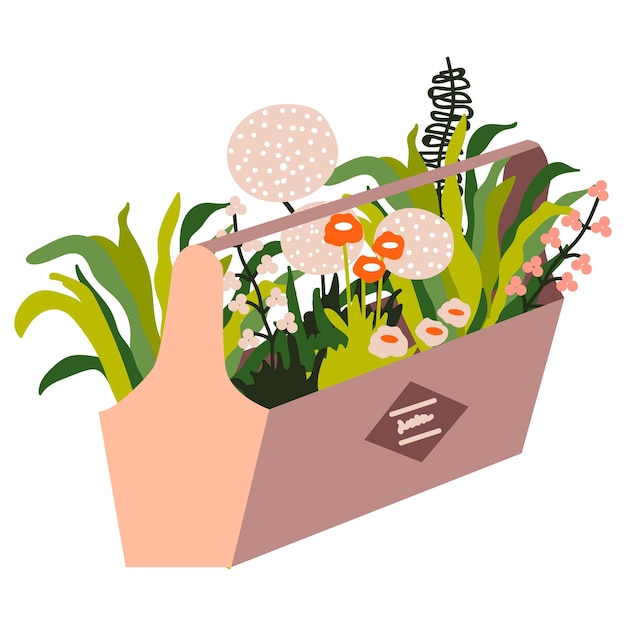 Jardín de flores y hierbas en una caja de madera. Decoración del jardín de primavera. ilustración vectorial