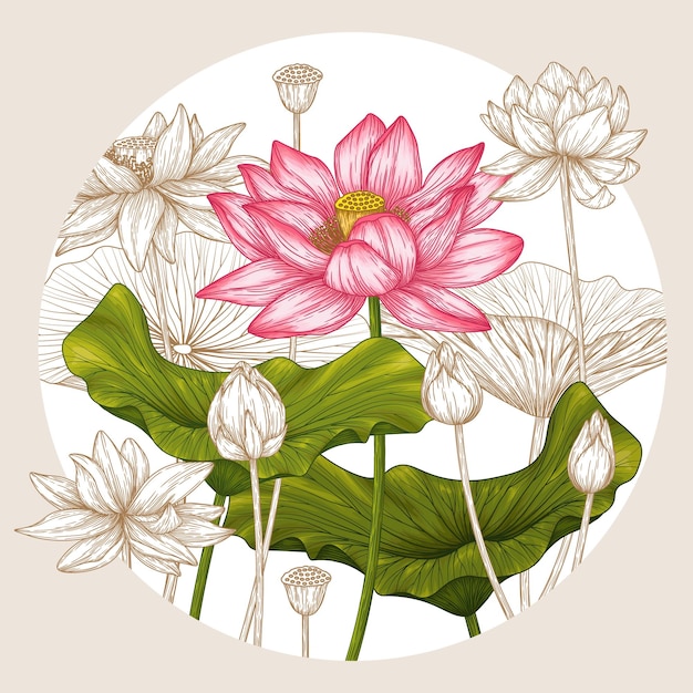 Jardín de flores de loto en estilo grabado y en color.