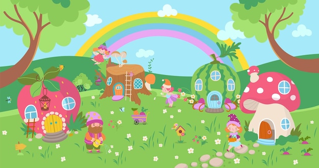 Jardín gnomo aldea en el bosque bosque dama de hadas y enano en el prado casas de fantasía y arco iris dibujos animados cuento mágico escena vectorial de hoy