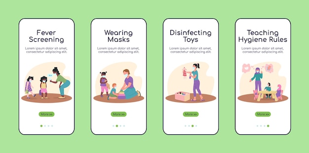 Jardín de infancia durante la incorporación de la plantilla plana de la pantalla de la aplicación móvil covid. Sitio web tutorial 4 pasos con personajes. UX pandemia creativa, UI, interfaz de dibujos animados de teléfono inteligente GUI, conjunto de impresiones de casos
