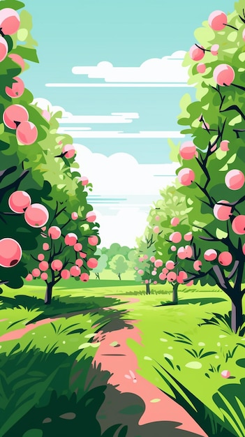 Vector jardín de manzanas durante la primavera