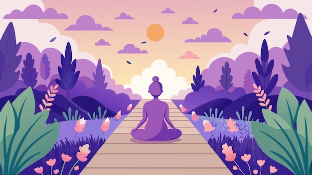 Vector un jardín de meditación pacífico con filas de hierbas curativas como la lavanda, la manzanilla y la valeriana