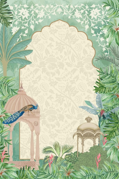 Jardín Mughal tropical con marco de arco de pavo real, ilustración dibujada a mano para la invitación