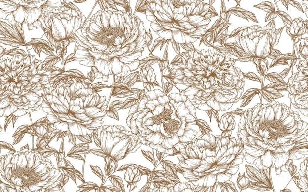 Jardín patrón de flores de peonía en estilo grabado